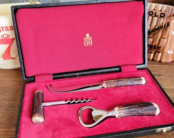 Vintage BIRKS Sheffield Barware Set - Genuine Stag Horn Knife, Corkscrew w/ Bottle Opener in Original Presentation Box