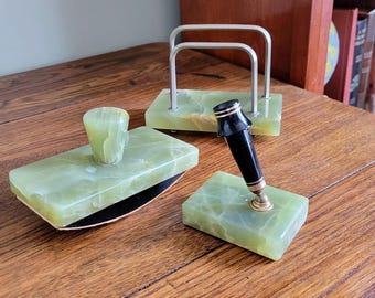 Rare 1920s Art Deco Wahl-Eversharp Green Onyx Desk Set - 3 Piece Collection