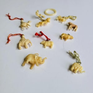 May include: A selection of small, ivory-toned animal ornaments, such as elephants, cows, and camels, each with a string loop. Some have red or green string. A pale ring is also visible. The ornaments are displayed on a white background.