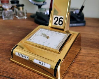 Vintage Phinney Walker/SEMCO Brass Desk Clock with Perpetual Calendar