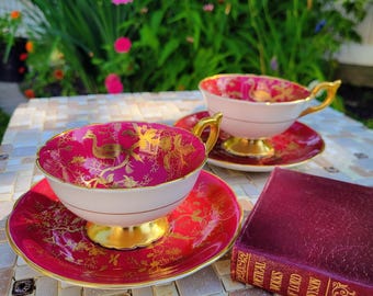 Pair of Vintage COALPORT 'Cairo' Gold on Maroon Cups and Saucers