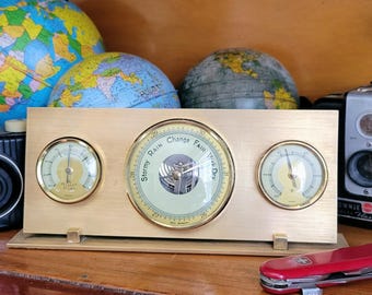 Vintage West German Desktop Weather Station - Mid-Century Modern Brushed Brass