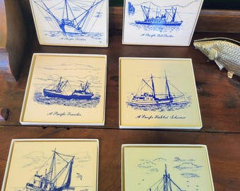 Vintage 1970s Pacific Northwest Fishing Vessel Ceramic Tiles Set of 6