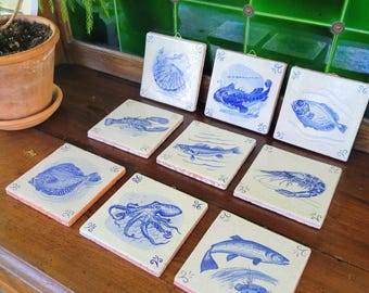 Vintage German Blue and White Delftware Style Marine Life Ceramic Tiles Set of 9