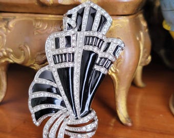 Vintage BUTLER Art Deco Black Enamel and Clear Rhinestone Brooch