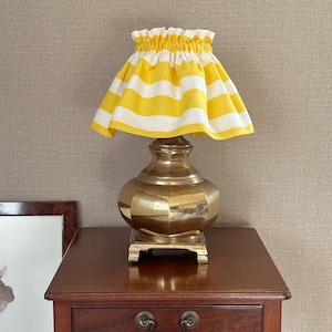 Yellow and off white horizontal stripe gathered fabric lampshade