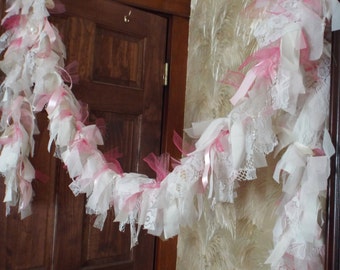 Ribbon and Lace Rag Garland  ~ Ivory and Pink Rag Garland ~ Banner Wedding Shabby Cottage Chic