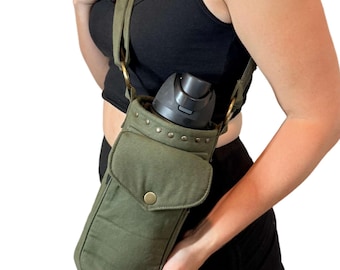 Canvas  Large Water Bottle Holder V3: Festival Sling Bag with Zipper Pocket