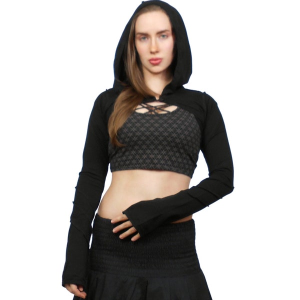 Cotton Lycra Pixie Shrug ~ Mishu ~ Hooded shrug , Long sleeve shrug , Festival Clothing , Fantasy clothing