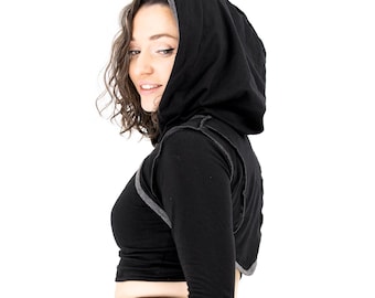 Pixie Bolero met capuchon: rekbare katoenen festivaltop met lange mouwen