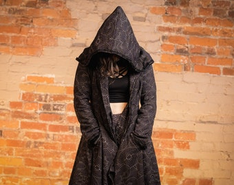 Black Cotton Loop Rag Coat: Witchy Asymmetrical Hooded Jacket