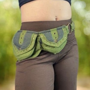 Crochet Belt Mishu Pocket Belt , Utility belt , Burningman , Larp belt , Elven accessories , Festival fashion Green with Grey