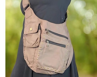 Canvas Sling Bag: Khaki Crossbody Travel Purse with Hidden Pockets