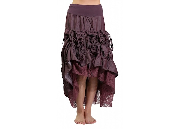 Denim and Lace Skirt Mishu Tiered Skirt Cinch Skirt Long Skirt