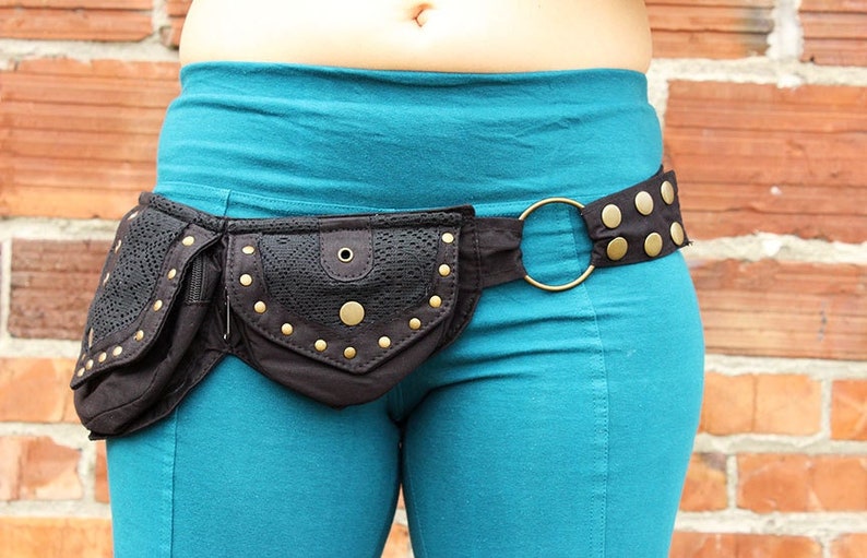 Crochet Belt Mishu Pocket Belt , Utility belt , Burningman , Larp belt , Elven accessories , Festival fashion Black