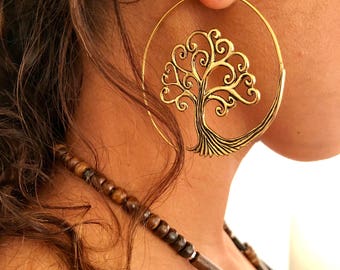 Tree of Life  ~ Mishu ~Thread Scroll Earrings , Boho , Brass jewelry , Circle earrings