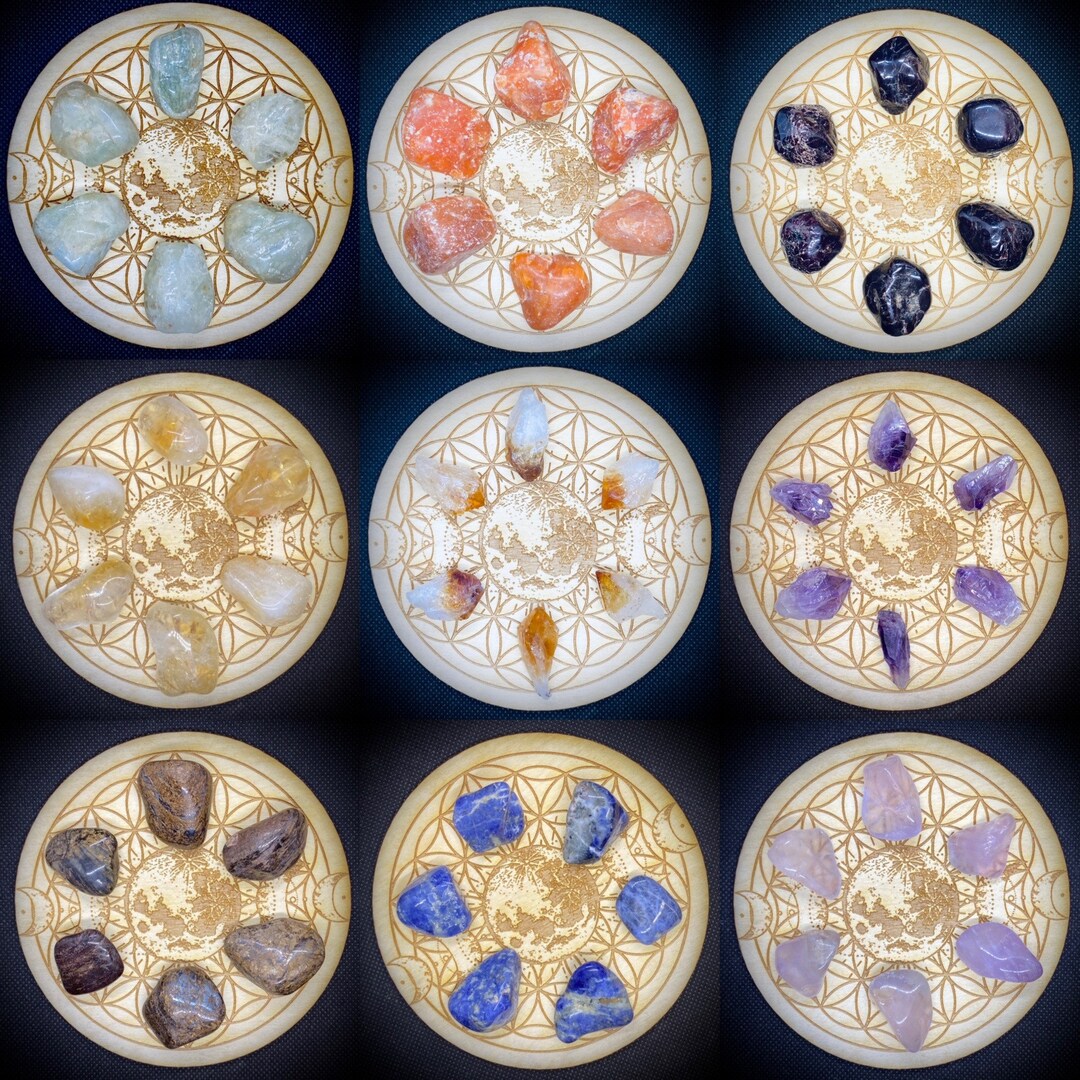 Crystal Grid Stone Set. Cedar Wood Grid, and Crystals. Set of 6 ...