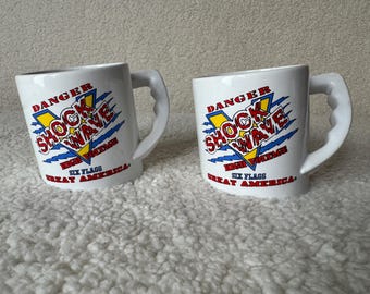 Vintage Six Flags Great America Shock Wave Mugs – Set of 2 – Retro 1980s Theme Park Memorabilia – High Voltage Ride Souvenir