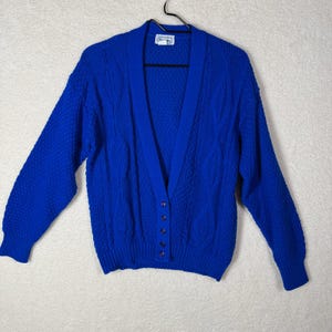 Brunny Vintage Mens Cardigan Knit Royal Blue Argyle V Neck Acrylic