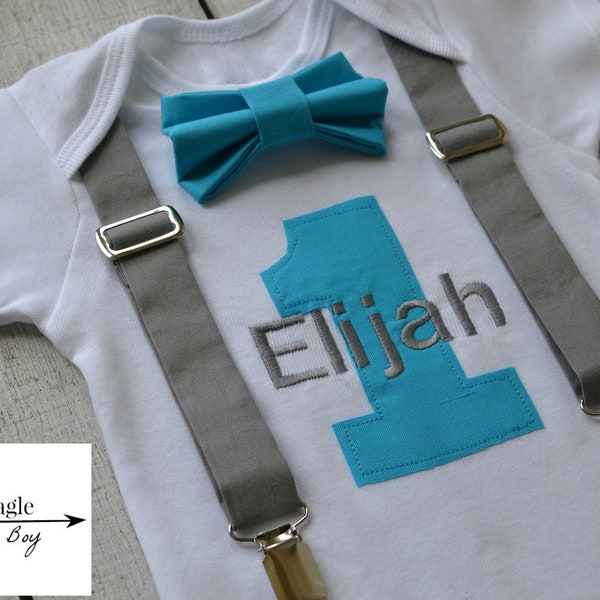Boys First Birthday Outfit Baby Boy Clothes Gray Turquoise Blue Suspenders Bow Tie 1st Birthday Bowtie Cake Smash Custom Colors Free Name
