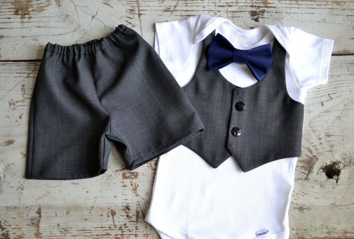 Baby Boy Clothes Baby Bow Tie Outfit Grey Vest Shorts Suit Etsy