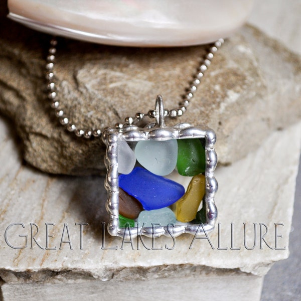 Beach Glass Pendant, Soldered Glass Pendant, Beach Glass Jewelry, Genuine Sea Glass, Colorful Mosaic Pendant, Lake Michigan Beach Glass