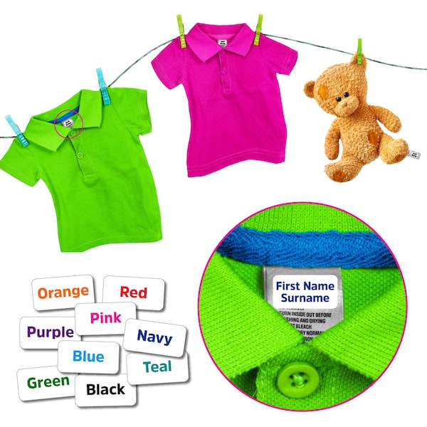 Name Labels for Clothes Stick On Clothing Tags - No Iron No Sew Stickers for Kids School Uniform - Personalized