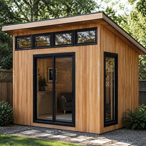 Puede incluir: Un estudio de jardín moderno construido con revestimiento de madera clara vertical, con techo de una sola pendiente, puertas correderas de cristal con marco negro, una ventana lateral vertical y cuatro ventanas horizontales superiores.