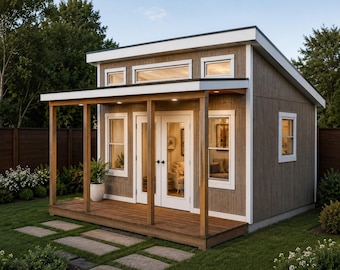 May include: A small, modern shed with a wooden deck and porch. The exterior features brown siding, white trim, and a white roof. The shed has large windows and double doors, and is surrounded by green grass and landscaping.