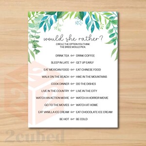 Bridal Shower Game, Wedding Shower Game - Printable Digital Download - Would She Rather? Greenery, boho