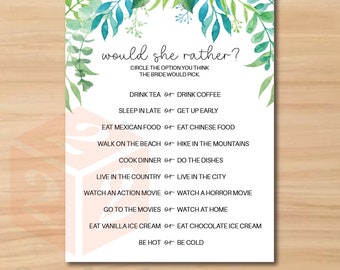 Bridal Shower Game, Wedding Shower Game - Printable Digital Download - Would She Rather? Greenery, boho