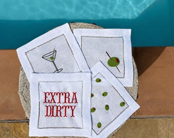 Geborduurde linnen cocktailservetten - Extra Dirty Martini, set van 4