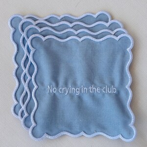 No Crying in the Club Cocktail Napkins – Embroidered Linen – Scalloped Edge – Bachelorette Gift – Funny Party Decor – Bar Cart Style