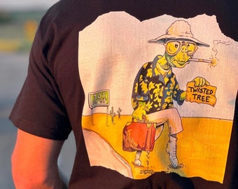 Steadman-Inspired 'The Wanderer' T-Shirt - Fear and Loathing Twisted Tree Design - Black Short/Long Sleeve for Art and Mycology Enthusiasts