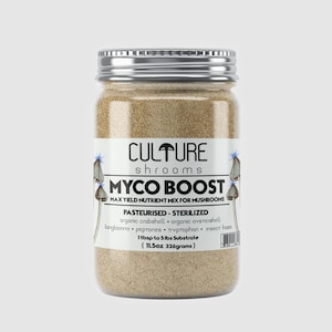 Mezcla de nutrientes Myco Boost para hongos de máximo rendimiento: fertilizante orgánico con caparazón de cangrejo, caparazón de ostra, peptonas, triptófano y excrementos para un crecimiento mejorado.