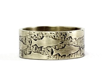 Fishing Around Salmon Hand Etched Ring Antique Brass or Matte Silver Men's Ring