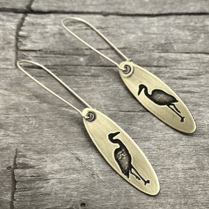 Blue Heron Earrings in Silver or Bronze finish - Oval drop earrings