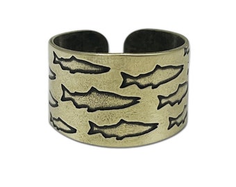 Salmon Adjustable Ring, Perfect Gift for Those Who Love to Fish. Matte Silver or Antique Brass/Gold