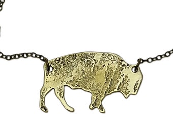 Buffalo necklace, hand hammered and finished. Adjustable cutout bison- available in matte silver or antique brass