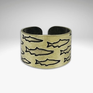 Salmon Adjustable Ring, Perfect Gift for Those Who Love to Fish. Matte Silver or Antique Brass/Gold