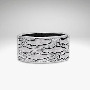 Fishing Around Salmon Hand Etched Ring Antique Brass or Matte Silver Men&#39;s Ring