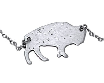 Buffalo necklace, sterling silver over brass. Hand hammered and finished. Adjustable 16" to 18". Bison our national mammal