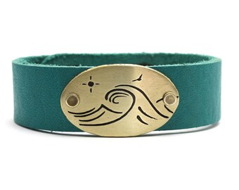 Leather Cuff - Ocean Waves Bracelet - Beach Bracelet - Ocean Leather Cuff - Sea Waves Leather Cuff