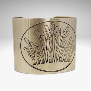 Wheatgrass Window Box Antique Brass Cuff. Hand etched and forged.  Gift for nature lover. Prairie jewelry.