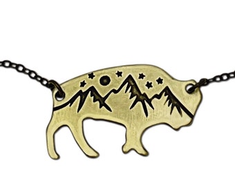 High Alpine Bison Necklace. Adjustable with chain or cord. Full moon and stars over mountains.