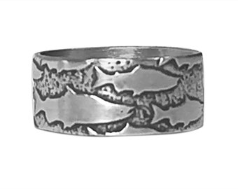 Fishing Around Salmon Hand Etched Ring Matte Silver or Antique Brass