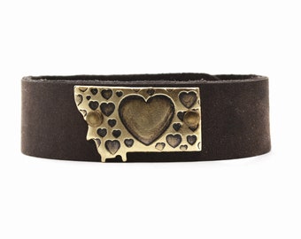 Montana Leather Cuff Bracelet-  Love Montana Bracelet - Hearts Over Montana - MT Leather Cuff - Gift for Montana Lover