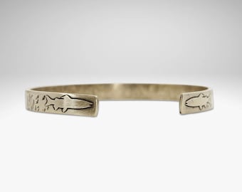 Skinny Trout on Tips Cuff Bracelet,  Fly Fishing Jewelry,  Men's Jewelry, Men's cuff Silver or Brass