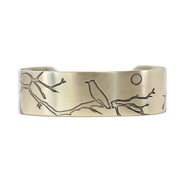 Raven Cuff Bracelet with bird on a branch with a full moon. Gift for nature/animal/bird lover.