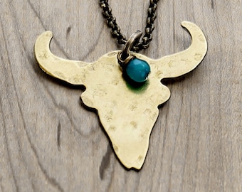 Bison Skull Necklace Bison Jewelry Long Layered Necklace, adjustable ...sterling silver over brass. Hand hammered and finished.